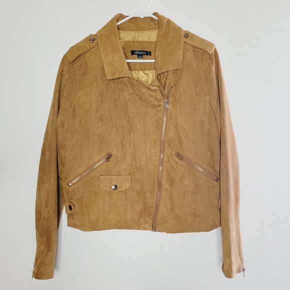 Haoduoyi Moto Jacket Faux Suede Size Large Camel Tan Collared Zippers Pockets - Picture 1 of 14